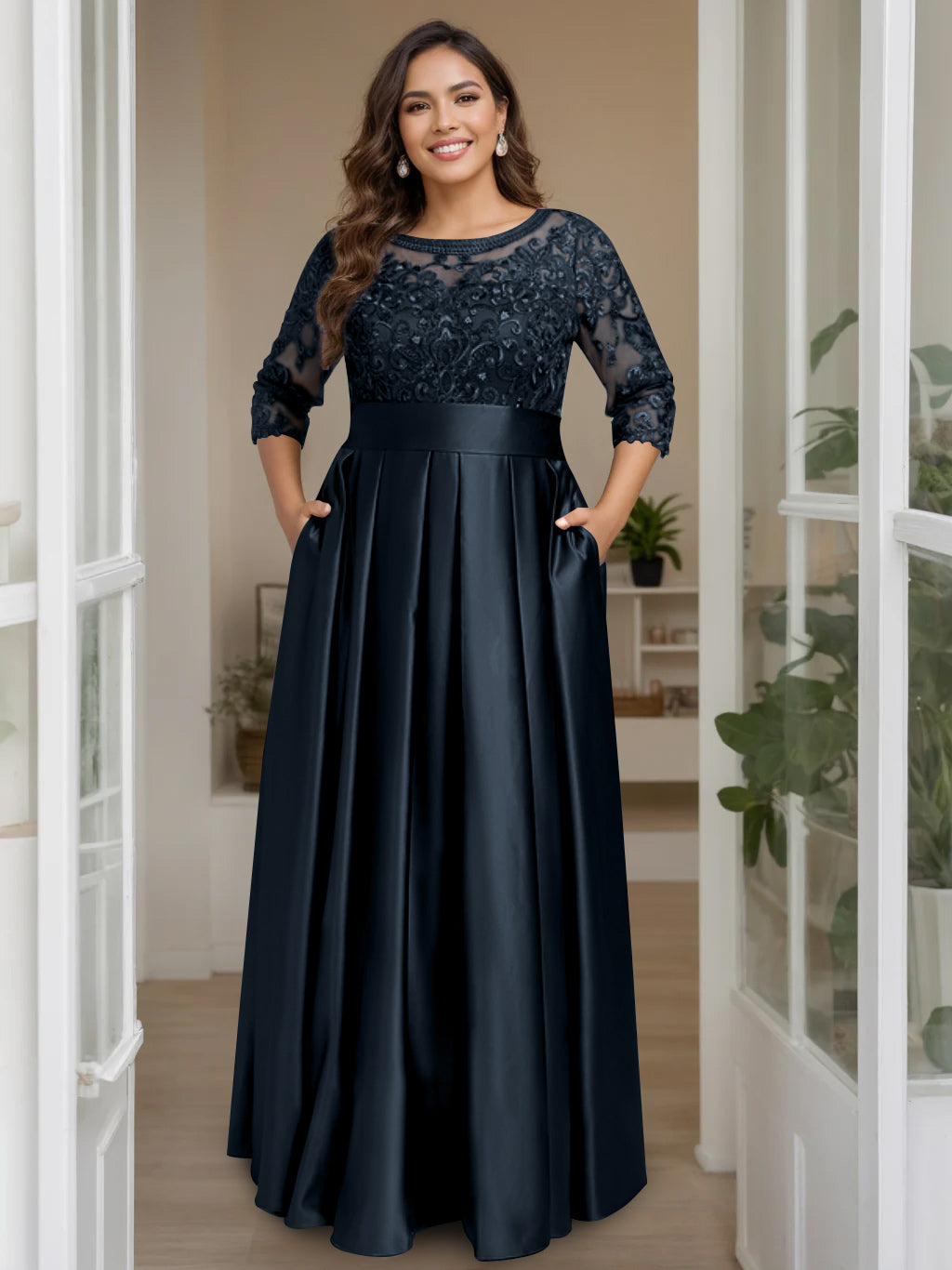 A Line Princess Scoop 3 4 Length Sleeves Floor Length Plus Size Mother Of The Bride Dresses With Bow Sequins