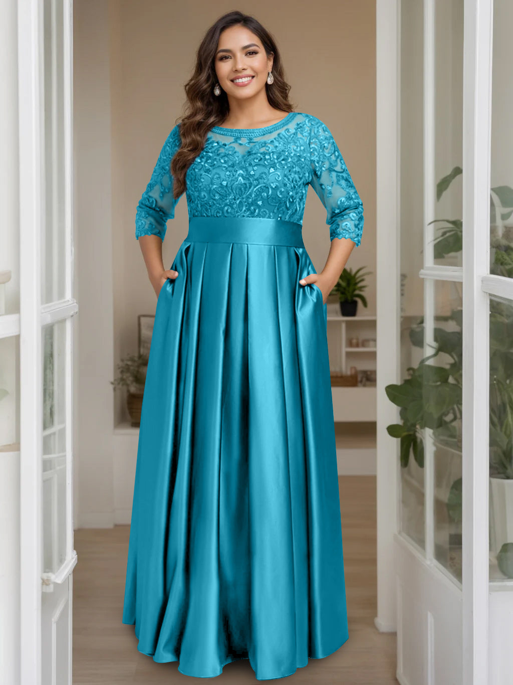 A Line Princess Scoop 3 4 Length Sleeves Floor Length Plus Size Mother Of The Bride Dresses With Bow Sequins