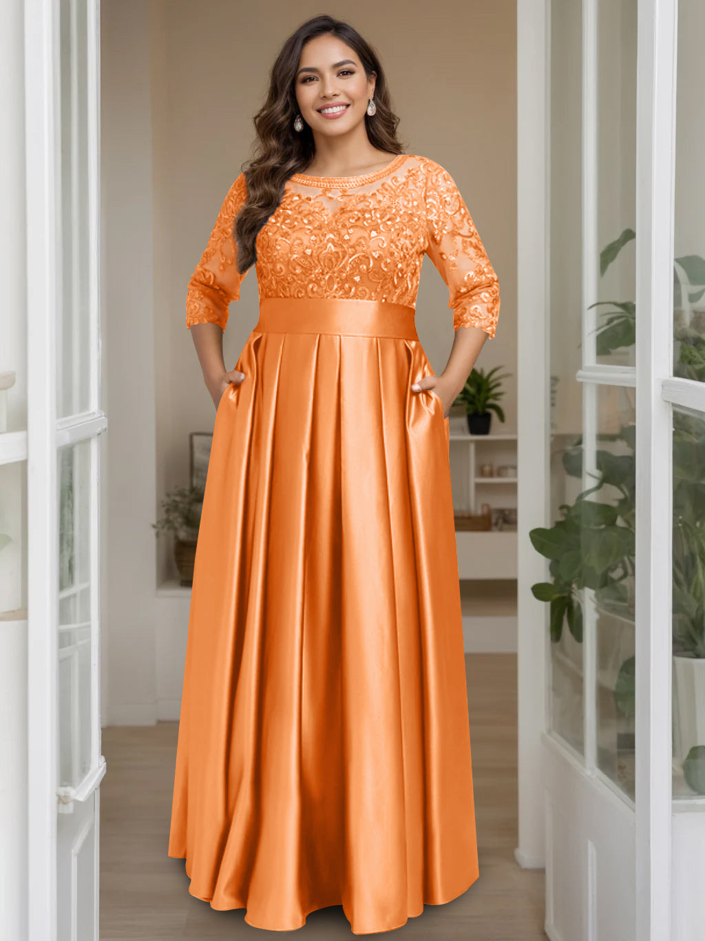 A Line Princess Scoop 3 4 Length Sleeves Floor Length Plus Size Mother Of The Bride Dresses With Bow Sequins