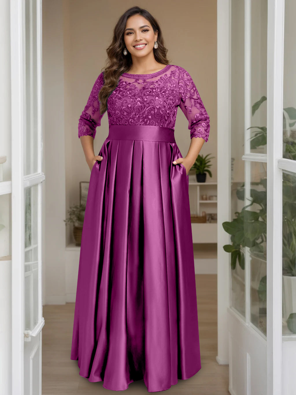 A Line Princess Scoop 3 4 Length Sleeves Floor Length Plus Size Mother Of The Bride Dresses With Bow Sequins