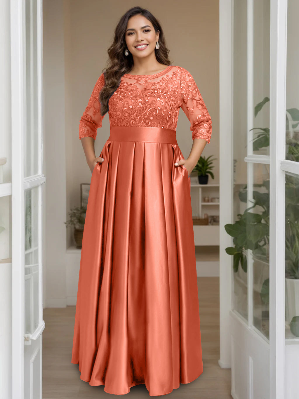 A Line Princess Scoop 3 4 Length Sleeves Floor Length Plus Size Mother Of The Bride Dresses With Bow Sequins