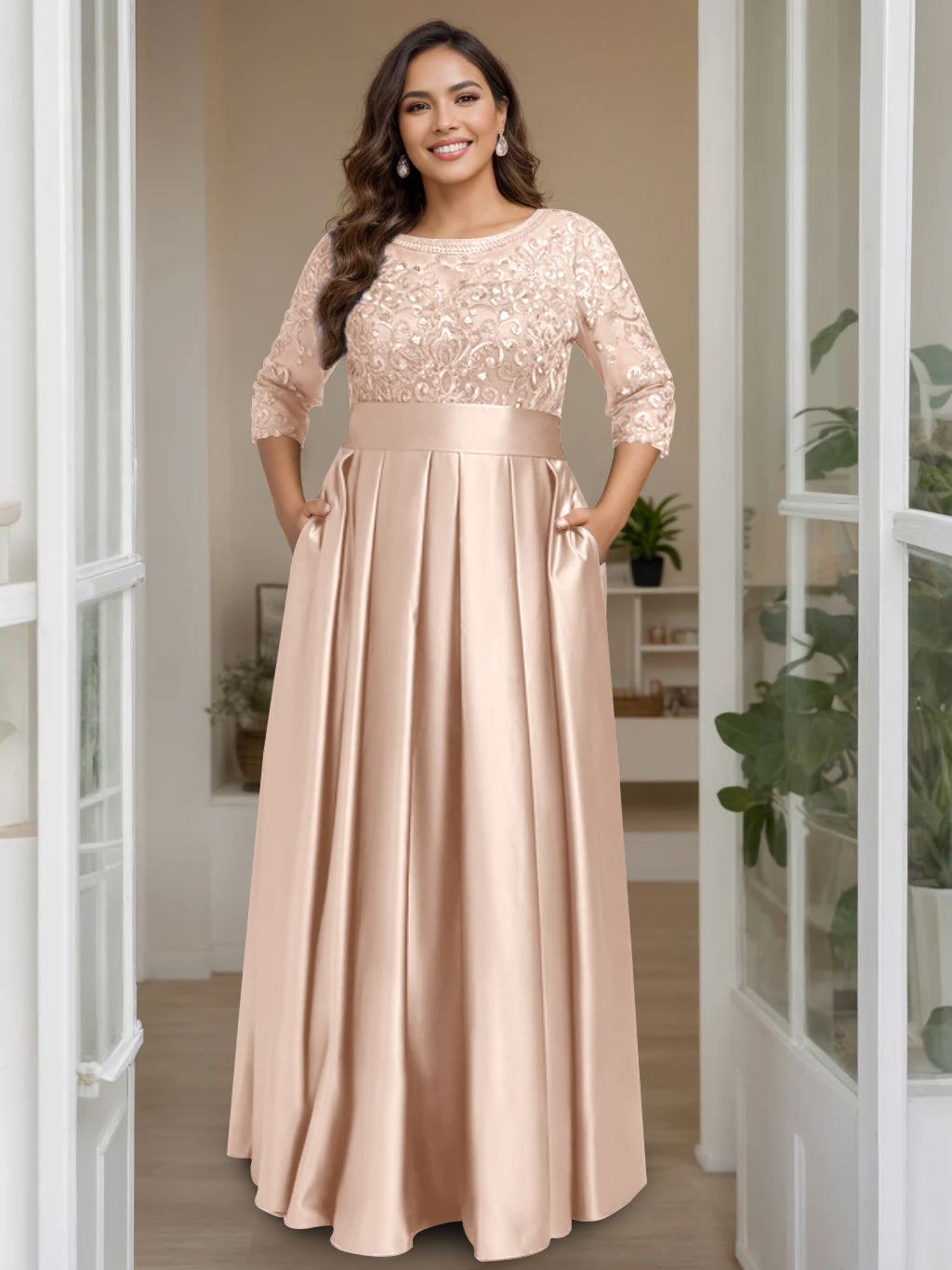 A Line Princess Scoop 3 4 Length Sleeves Floor Length Plus Size Mother Of The Bride Dresses With Bow Sequins