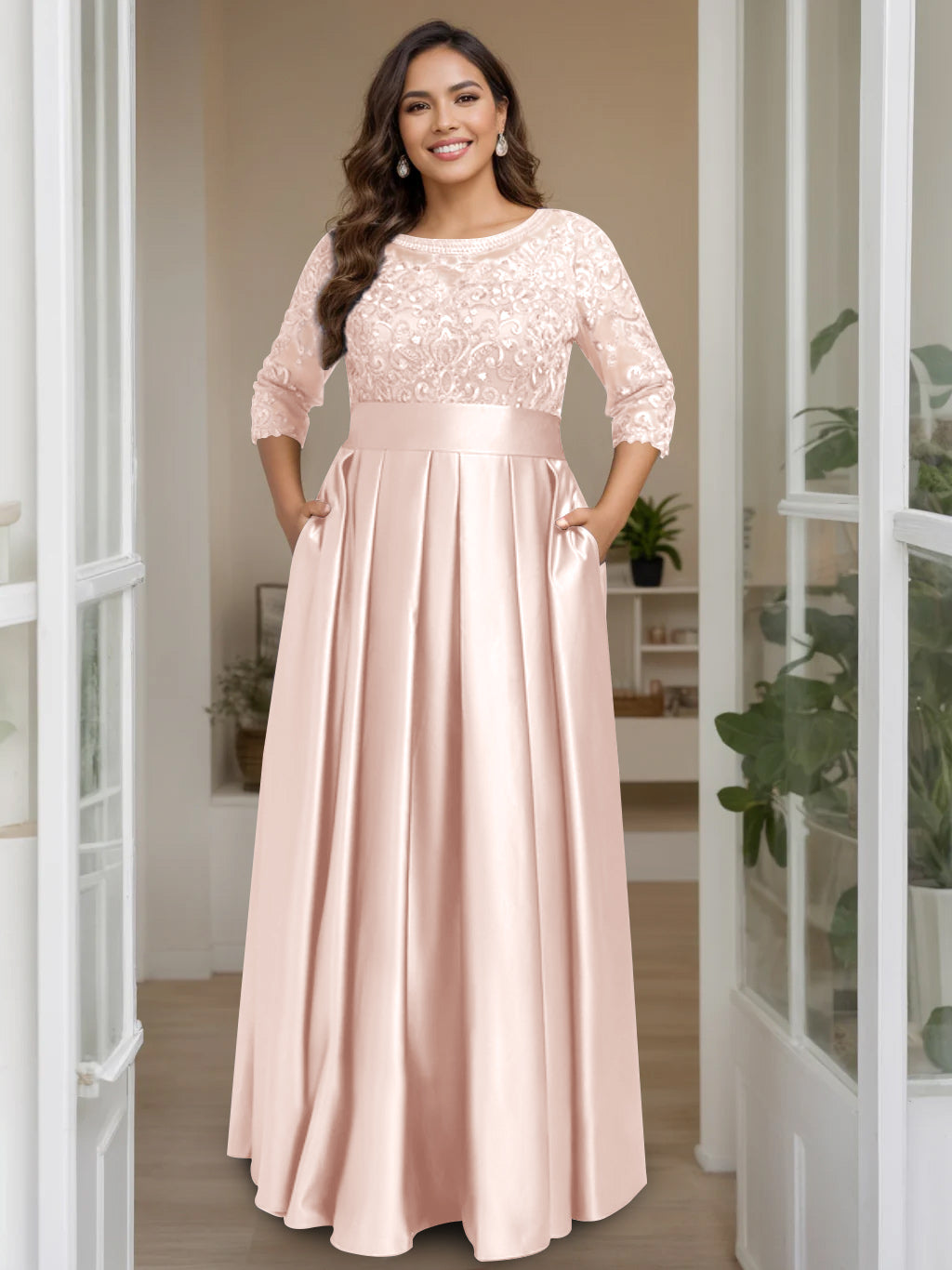 A Line Princess Scoop 3 4 Length Sleeves Floor Length Plus Size Mother Of The Bride Dresses With Bow Sequins
