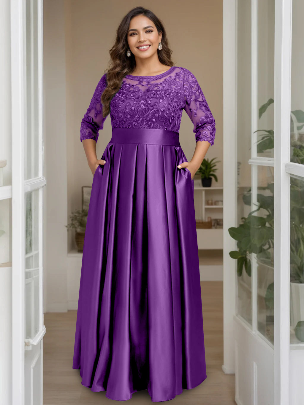 A Line Princess Scoop 3 4 Length Sleeves Floor Length Plus Size Mother Of The Bride Dresses With Bow Sequins