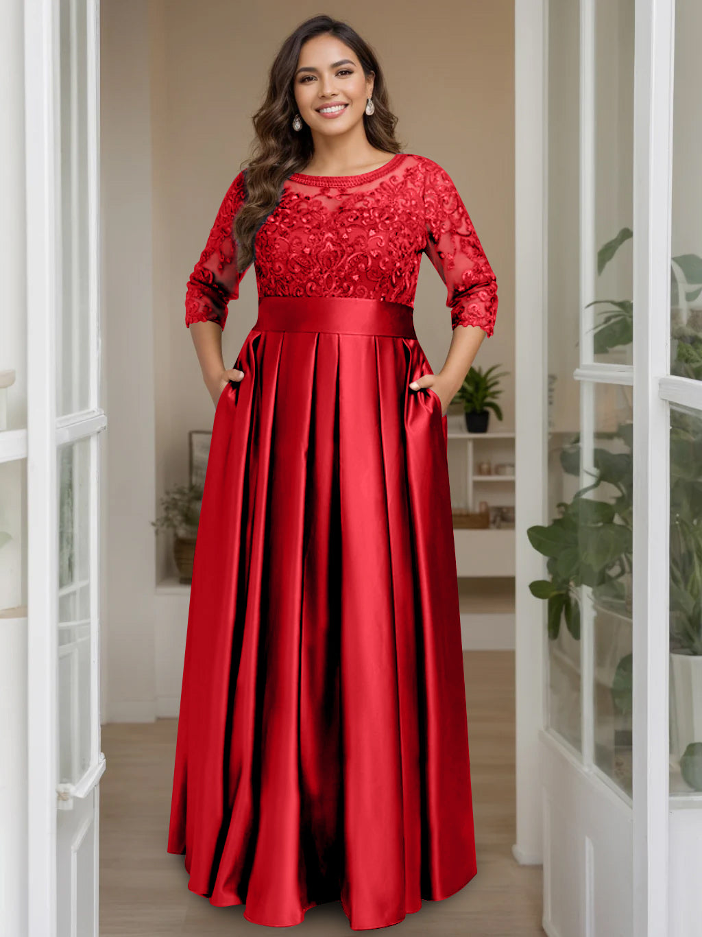 A Line Princess Scoop 3 4 Length Sleeves Floor Length Plus Size Mother Of The Bride Dresses With Bow Sequins