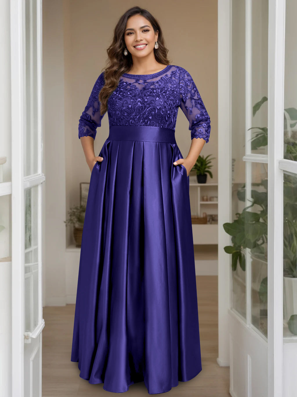 A Line Princess Scoop 3 4 Length Sleeves Floor Length Plus Size Mother Of The Bride Dresses With Bow Sequins