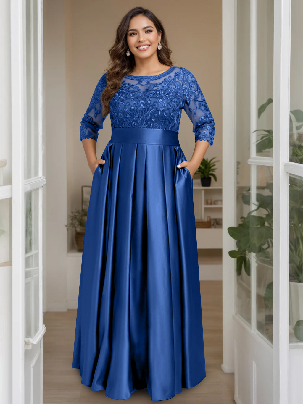 A Line Princess Scoop 3 4 Length Sleeves Floor Length Plus Size Mother Of The Bride Dresses With Bow Sequins