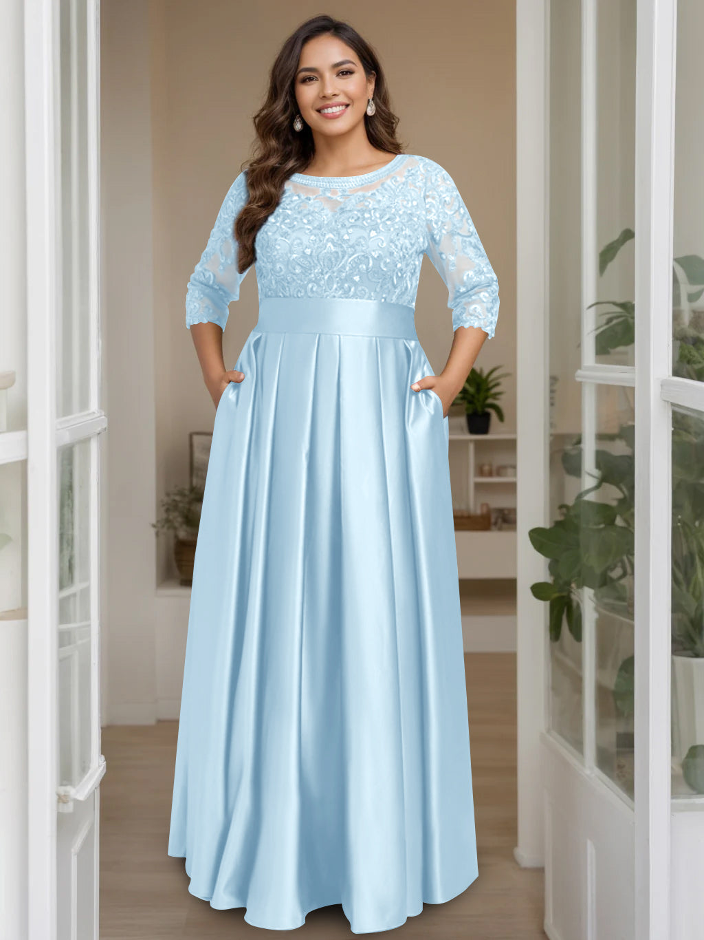 A Line Princess Scoop 3 4 Length Sleeves Floor Length Plus Size Mother Of The Bride Dresses With Bow Sequins