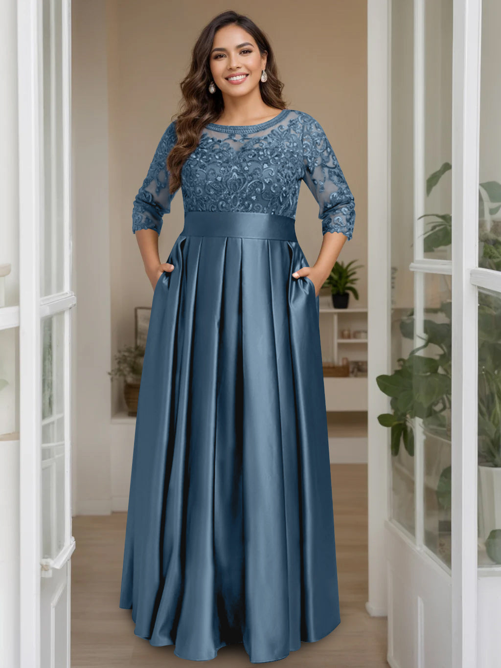 A Line Princess Scoop 3 4 Length Sleeves Floor Length Plus Size Mother Of The Bride Dresses With Bow Sequins