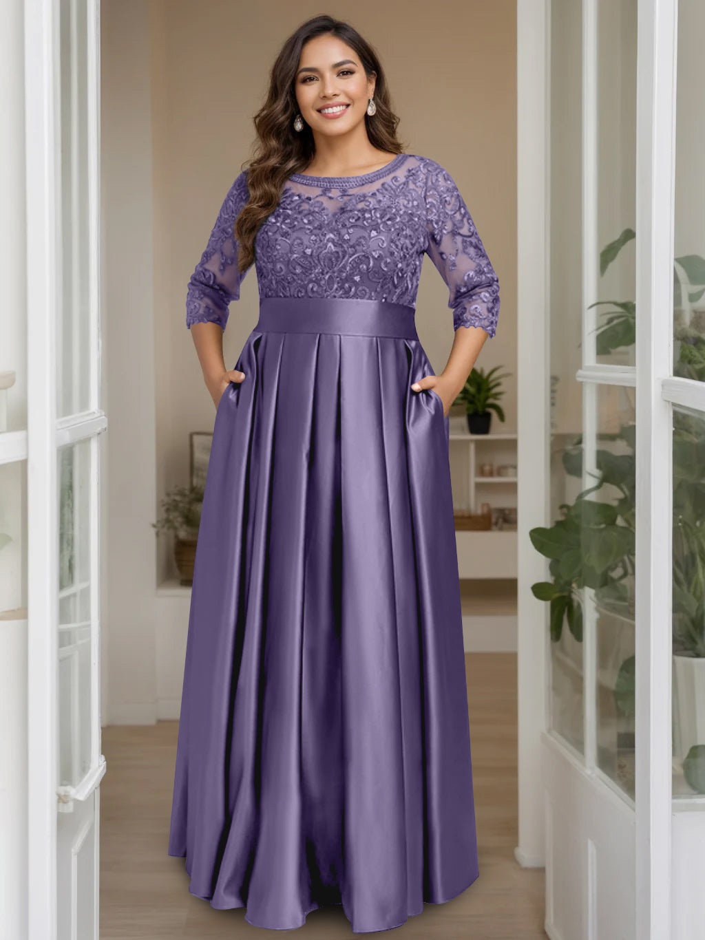 A Line Princess Scoop 3 4 Length Sleeves Floor Length Plus Size Mother Of The Bride Dresses With Bow Sequins