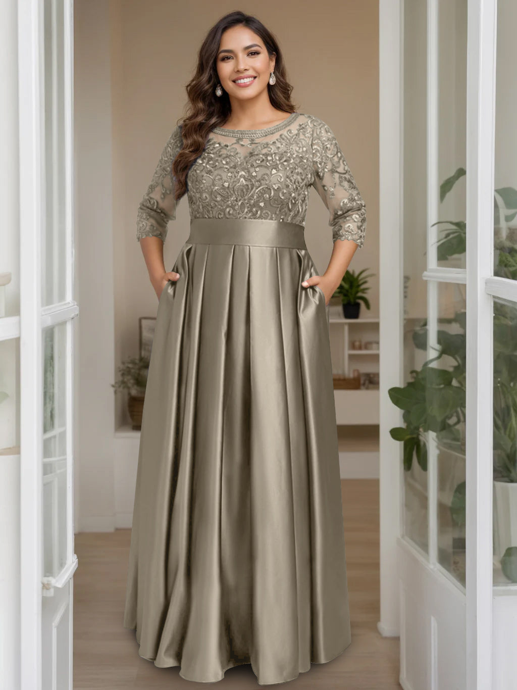 A Line Princess Scoop 3 4 Length Sleeves Floor Length Plus Size Mother Of The Bride Dresses With Bow Sequins