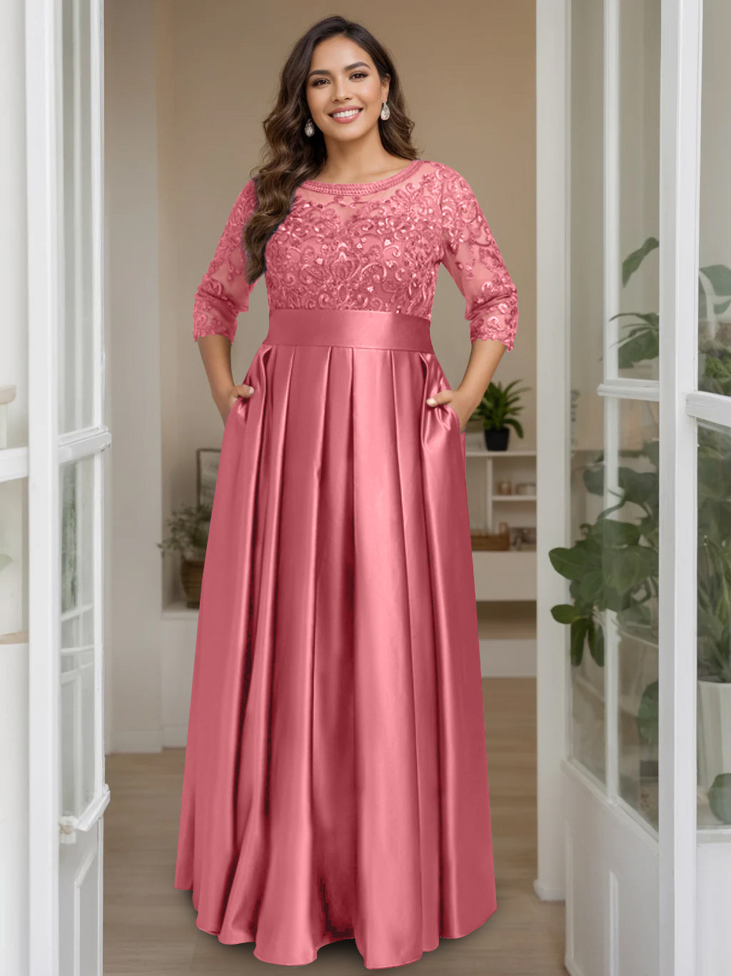 A Line Princess Scoop 3 4 Length Sleeves Floor Length Plus Size Mother Of The Bride Dresses With Bow Sequins