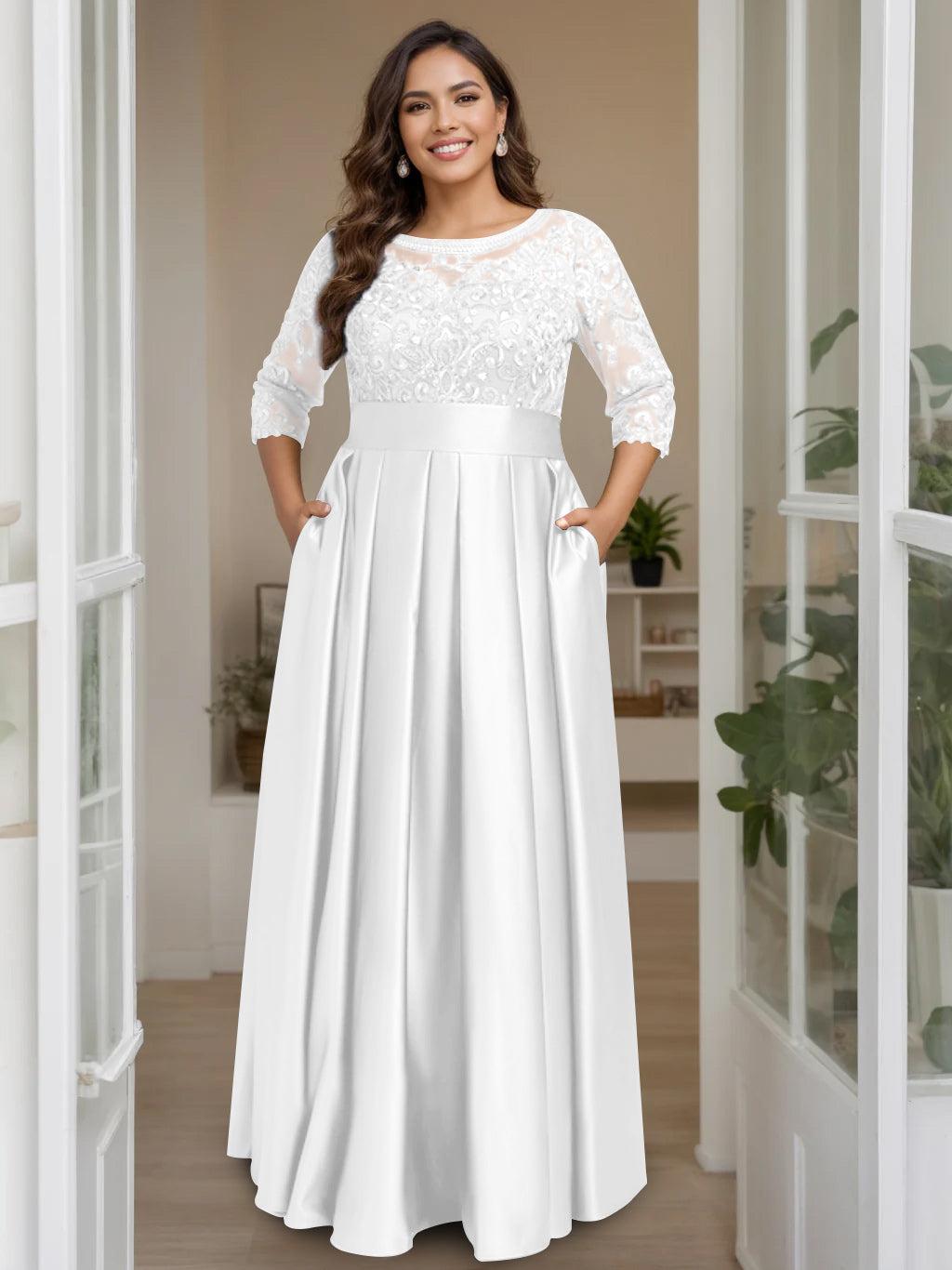 A Line Princess Scoop 3 4 Length Sleeves Floor Length Plus Size Mother Of The Bride Dresses With Bow Sequins