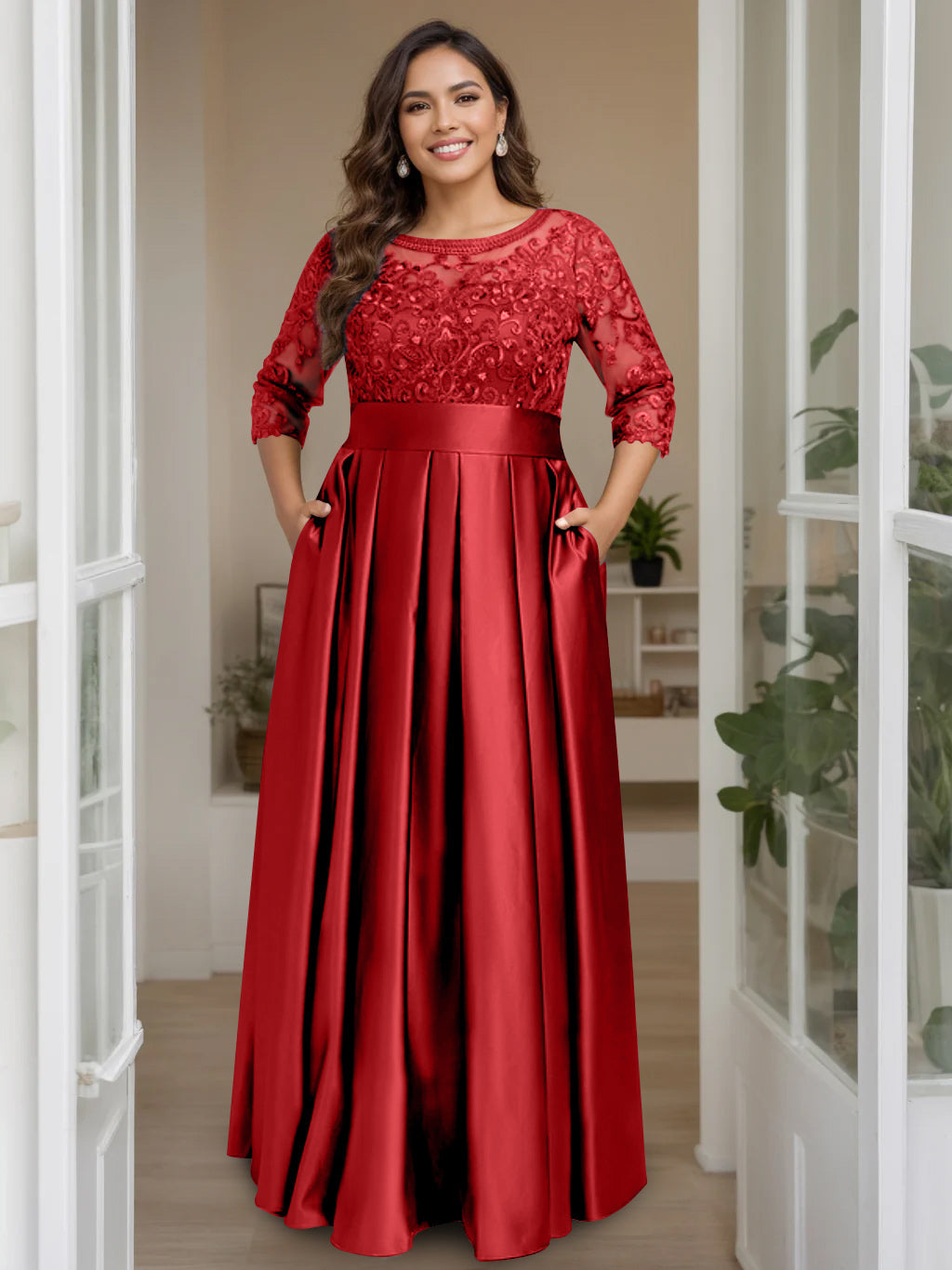 A Line Princess Scoop 3 4 Length Sleeves Floor Length Plus Size Mother Of The Bride Dresses With Bow Sequins