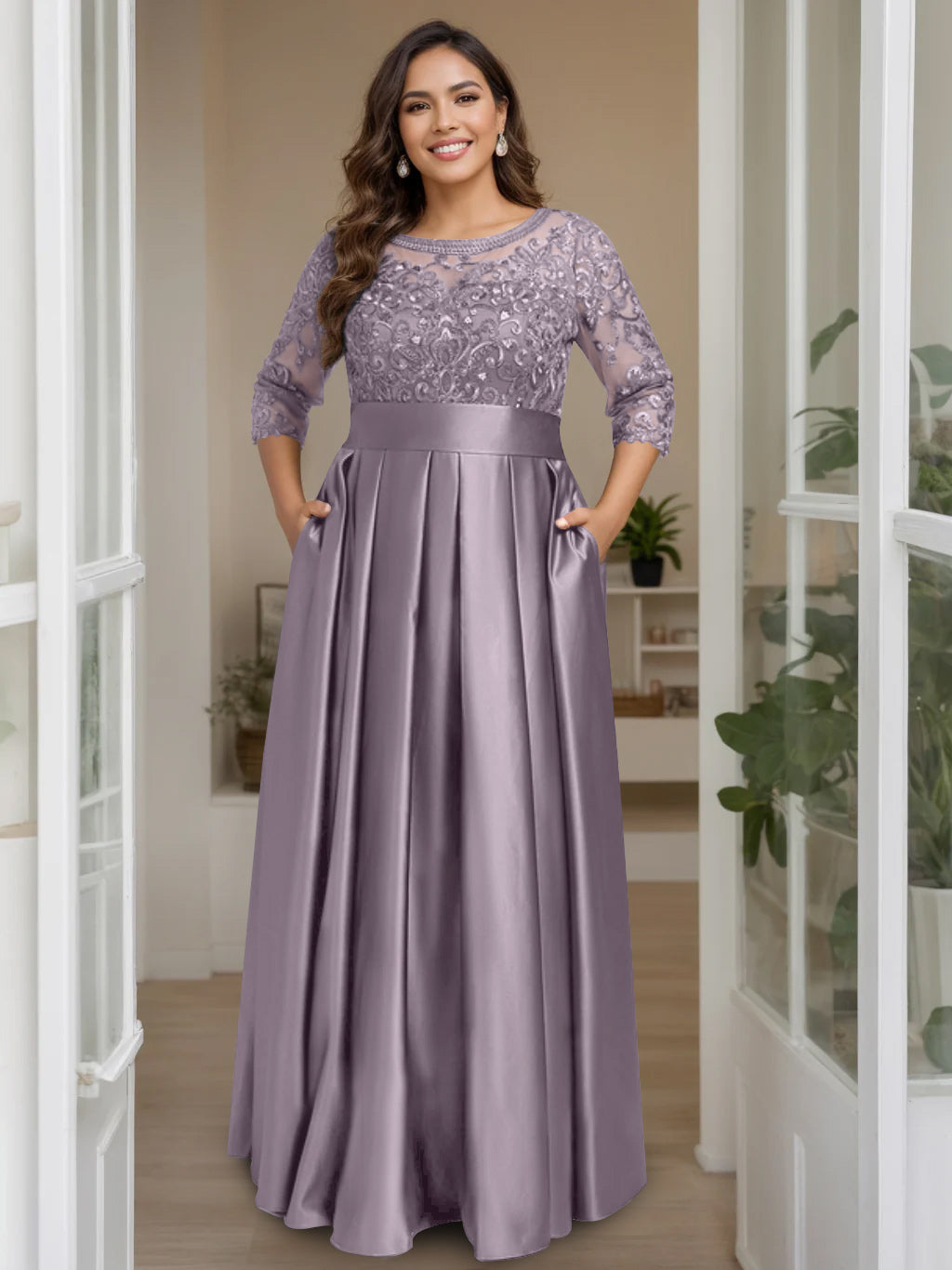A Line Princess Scoop 3 4 Length Sleeves Floor Length Plus Size Mother Of The Bride Dresses With Bow Sequins