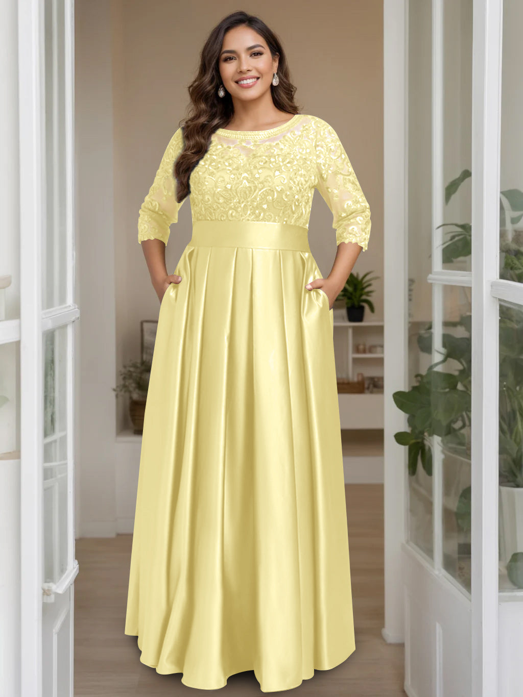 A Line Princess Scoop 3 4 Length Sleeves Floor Length Plus Size Mother Of The Bride Dresses With Bow Sequins