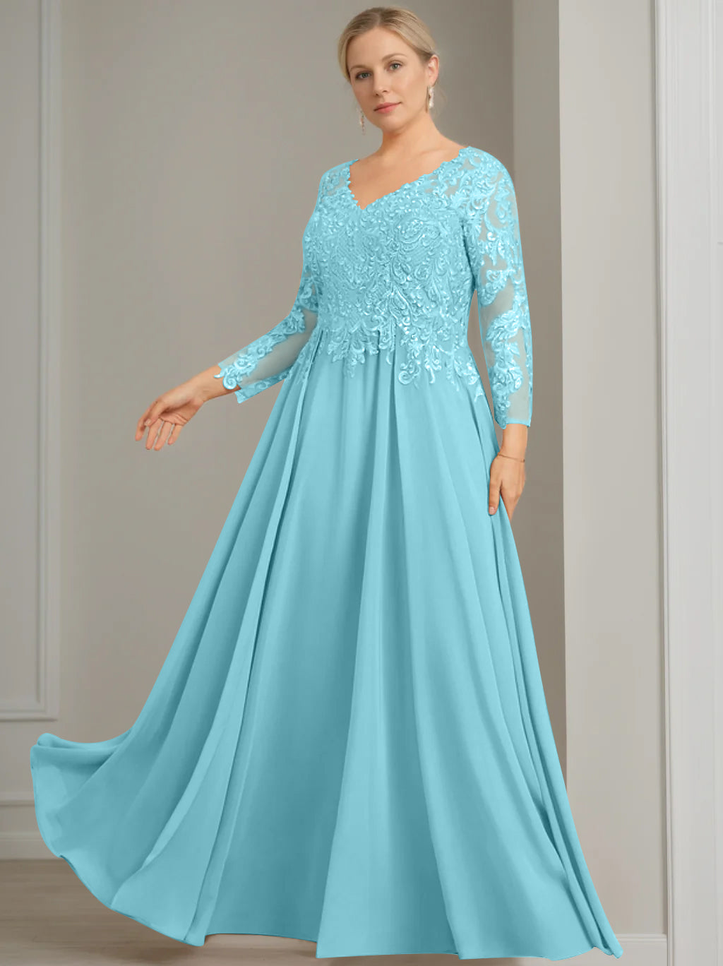 A Line Princess V Neck 3 4 Length Sleeves Floor Length Plus Size Mother Of The Bride Dresses With Sequins