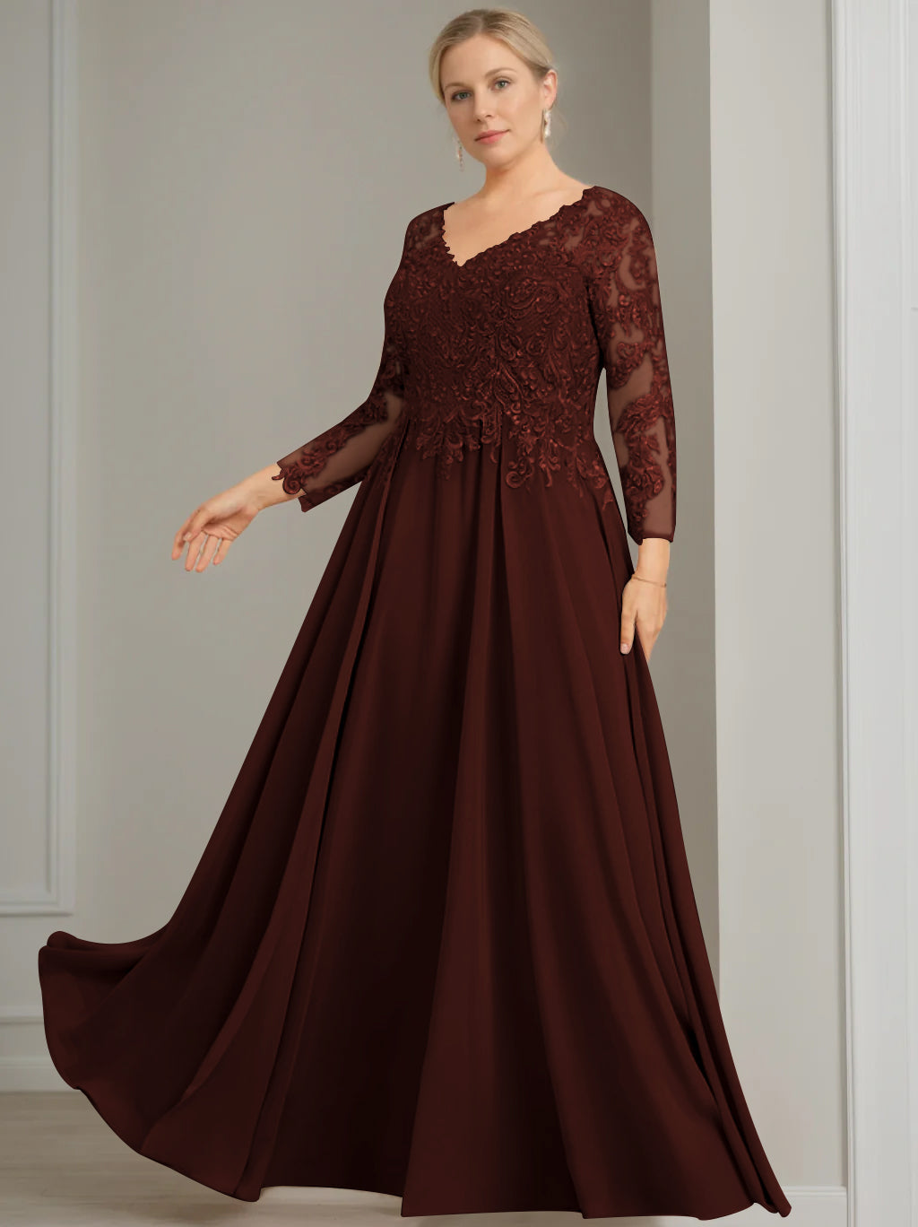A Line Princess V Neck 3 4 Length Sleeves Floor Length Plus Size Mother Of The Bride Dresses With Sequins