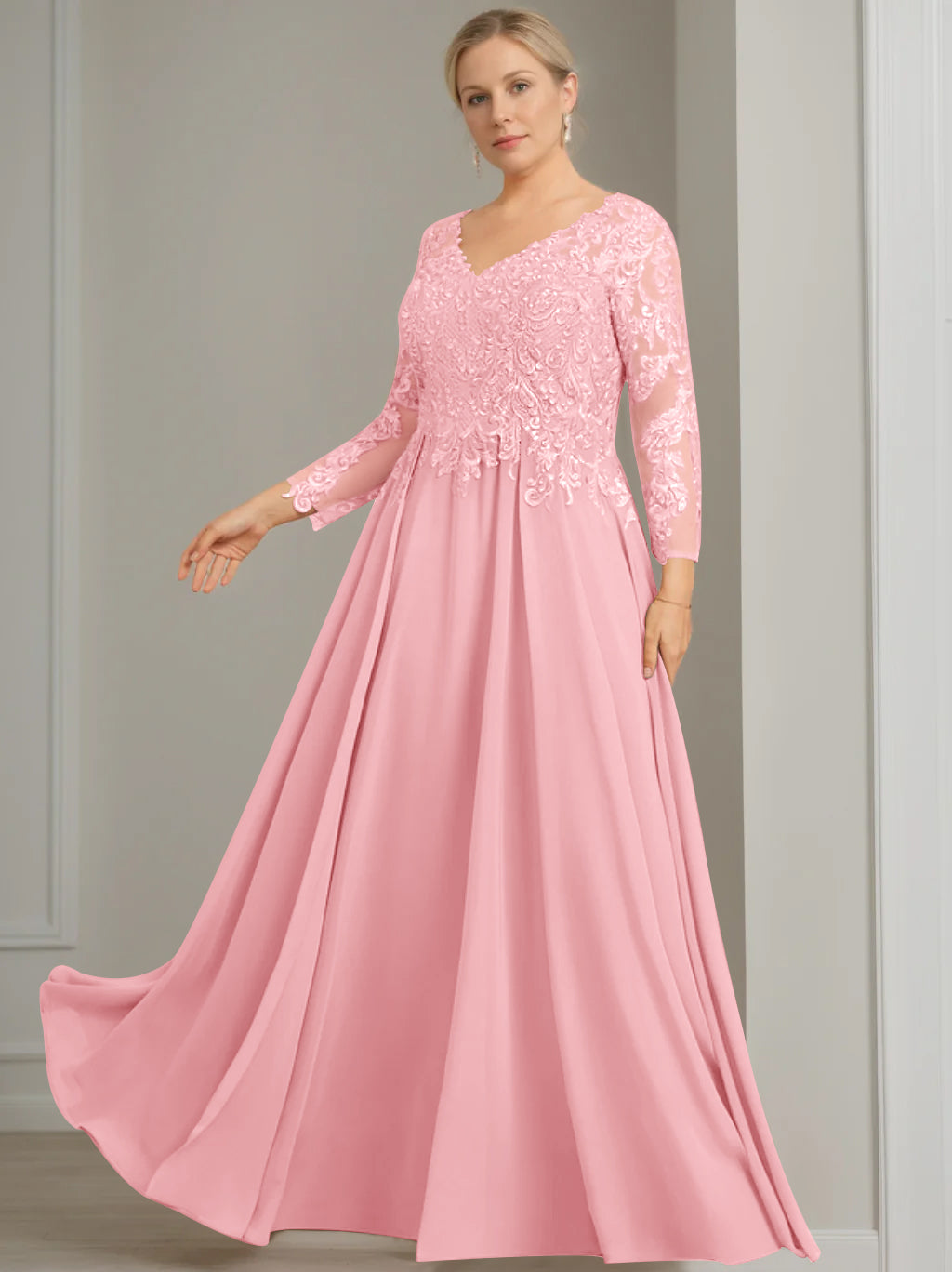 A Line Princess V Neck 3 4 Length Sleeves Floor Length Plus Size Mother Of The Bride Dresses With Sequins