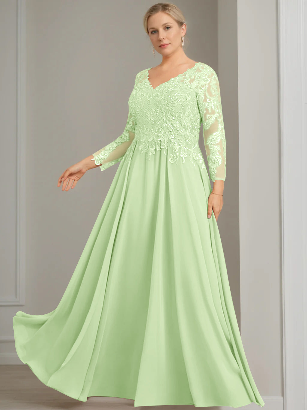 A Line Princess V Neck 3 4 Length Sleeves Floor Length Plus Size Mother Of The Bride Dresses With Sequins