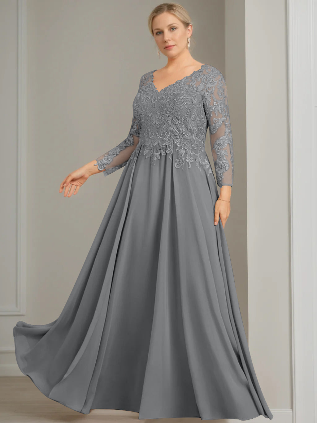 A Line Princess V Neck 3 4 Length Sleeves Floor Length Plus Size Mother Of The Bride Dresses With Sequins