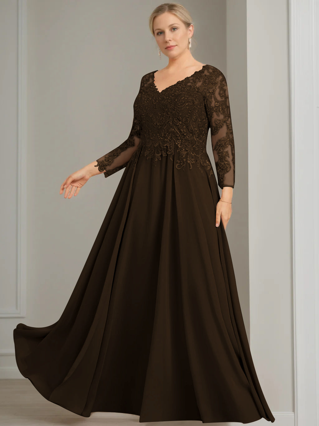 A Line Princess V Neck 3 4 Length Sleeves Floor Length Plus Size Mother Of The Bride Dresses With Sequins