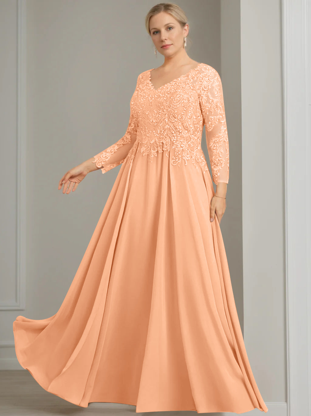 A Line Princess V Neck 3 4 Length Sleeves Floor Length Plus Size Mother Of The Bride Dresses With Sequins