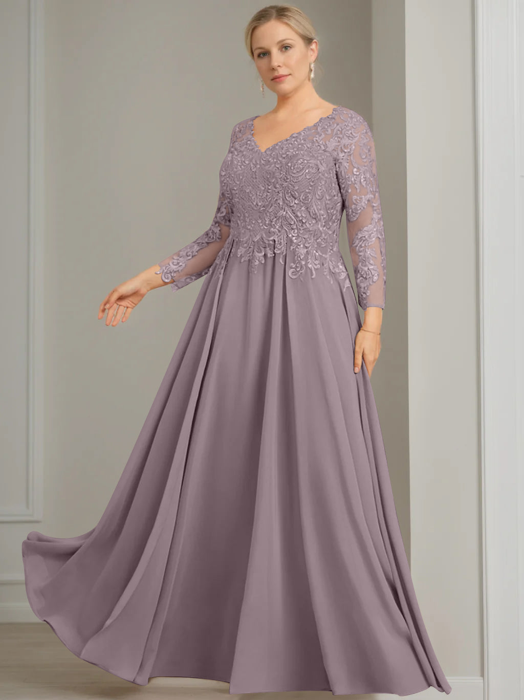 A Line Princess V Neck 3 4 Length Sleeves Floor Length Plus Size Mother Of The Bride Dresses With Sequins