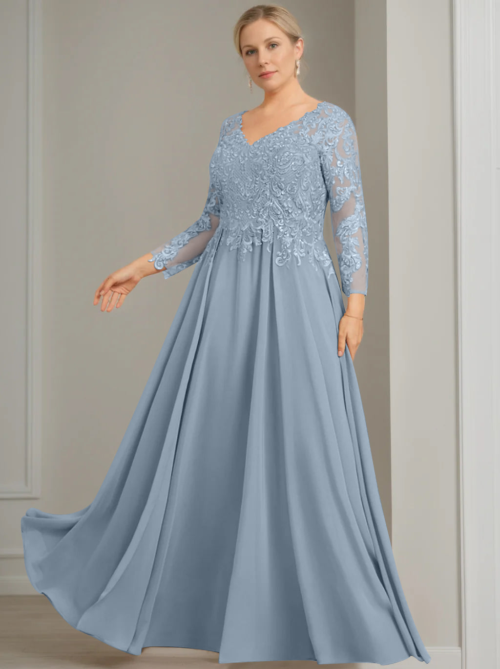 A Line Princess V Neck 3 4 Length Sleeves Floor Length Plus Size Mother Of The Bride Dresses With Sequins