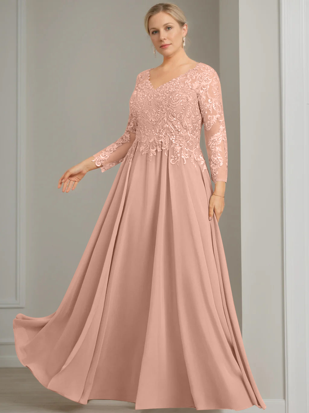 A Line Princess V Neck 3 4 Length Sleeves Floor Length Plus Size Mother Of The Bride Dresses With Sequins