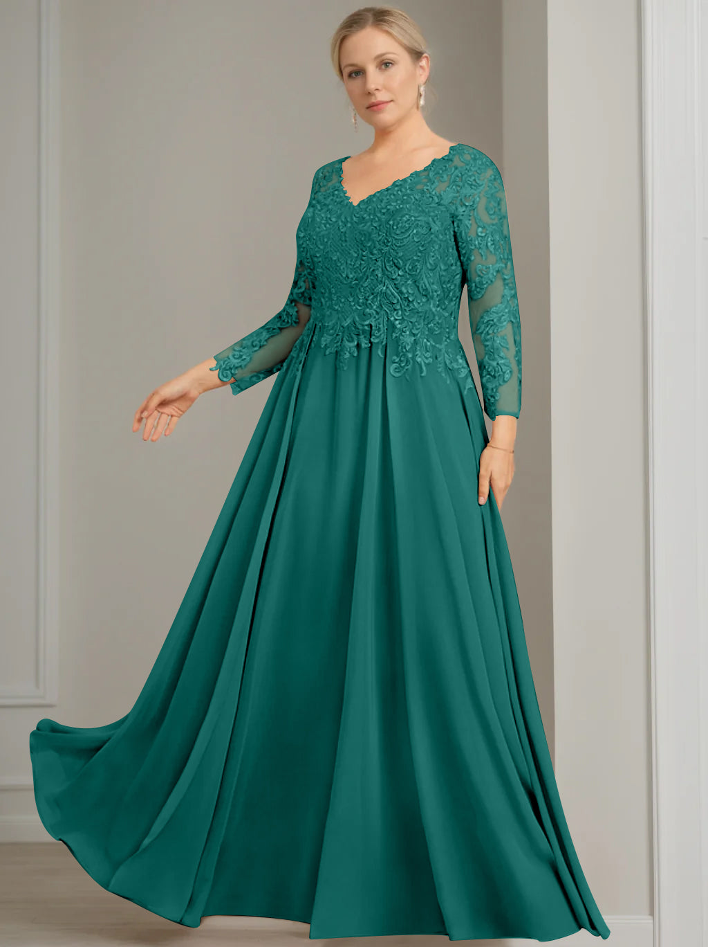 A Line Princess V Neck 3 4 Length Sleeves Floor Length Plus Size Mother Of The Bride Dresses With Sequins