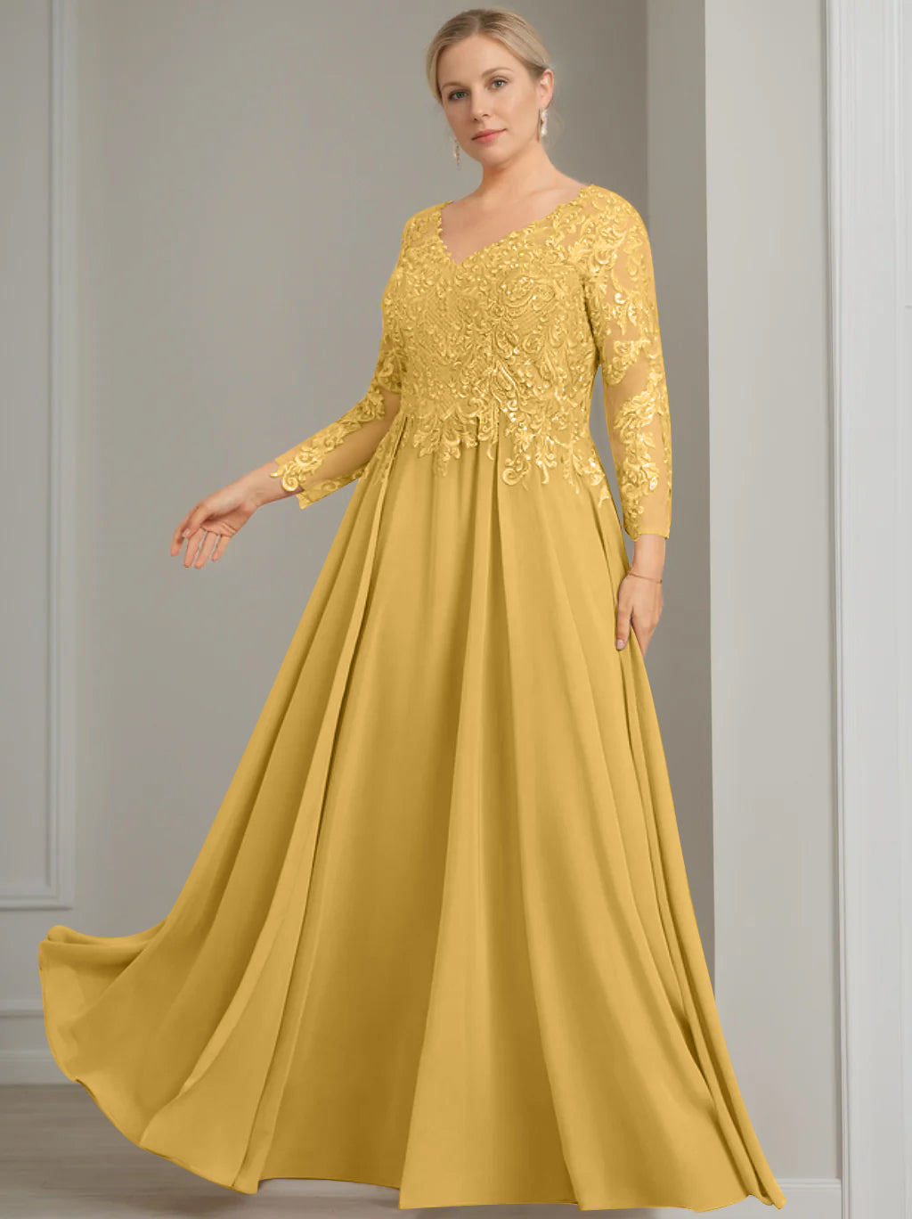 A Line Princess V Neck 3 4 Length Sleeves Floor Length Plus Size Mother Of The Bride Dresses With Sequins