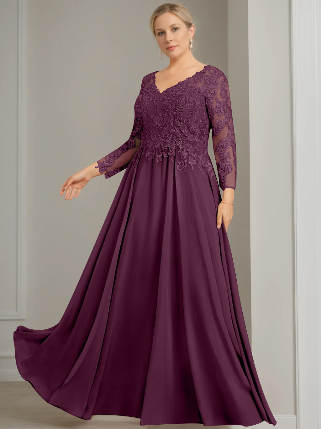A Line Princess V Neck 3 4 Length Sleeves Floor Length Plus Size Mother Of The Bride Dresses With Sequins