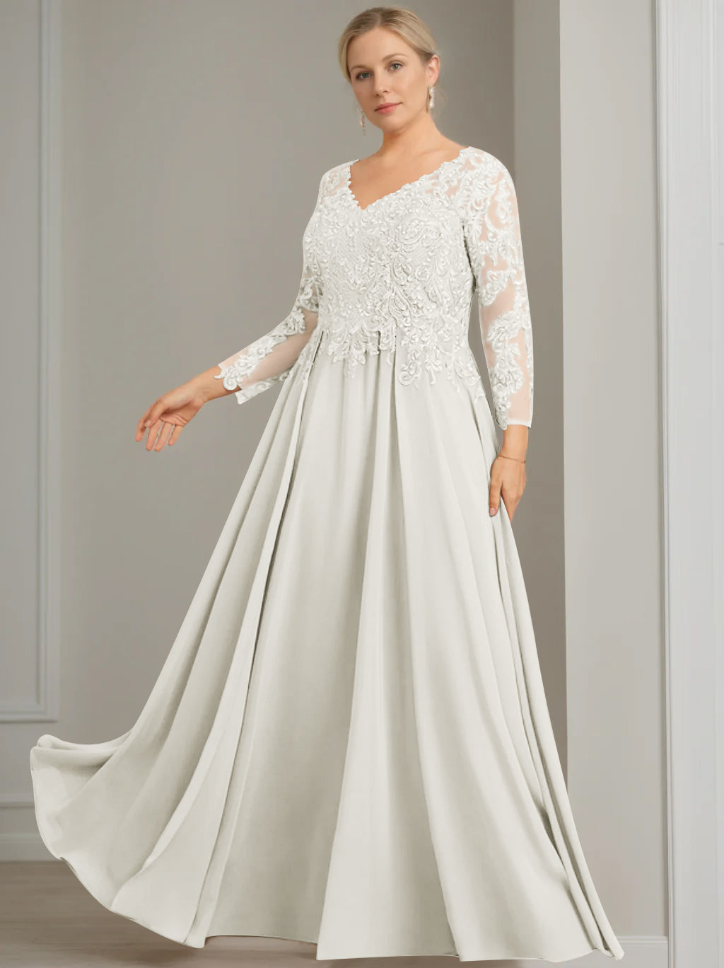 A Line Princess V Neck 3 4 Length Sleeves Floor Length Plus Size Mother Of The Bride Dresses With Sequins