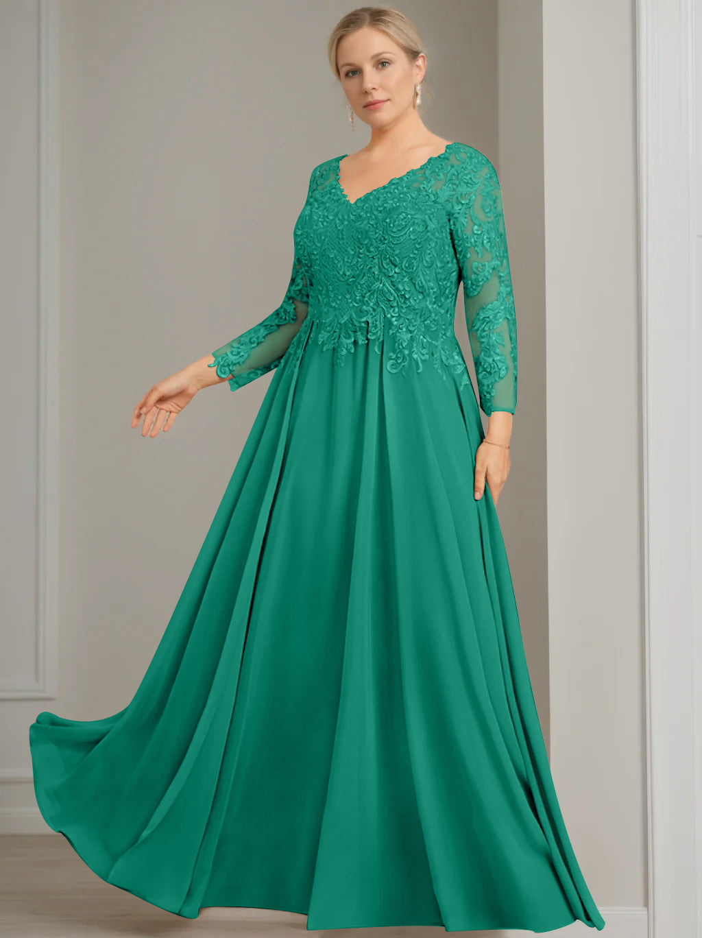 A Line Princess V Neck 3 4 Length Sleeves Floor Length Plus Size Mother Of The Bride Dresses With Sequins
