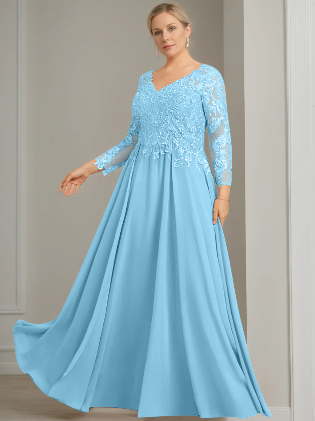 A Line Princess V Neck 3 4 Length Sleeves Floor Length Plus Size Mother Of The Bride Dresses With Sequins