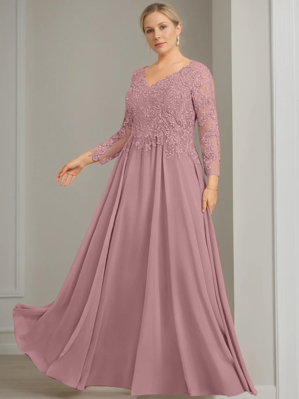 A Line Princess V Neck 3 4 Length Sleeves Floor Length Plus Size Mother Of The Bride Dresses With Sequins