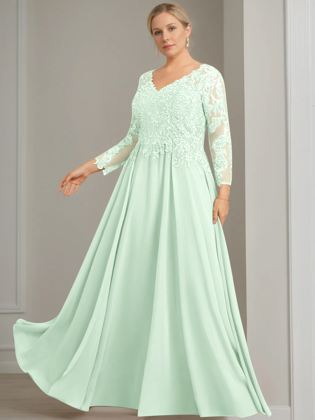 A Line Princess V Neck 3 4 Length Sleeves Floor Length Plus Size Mother Of The Bride Dresses With Sequins