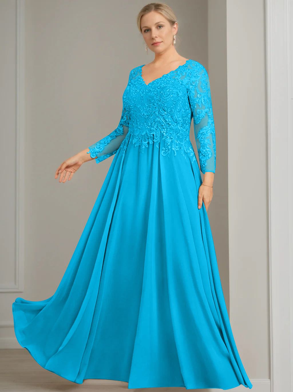 A Line Princess V Neck 3 4 Length Sleeves Floor Length Plus Size Mother Of The Bride Dresses With Sequins