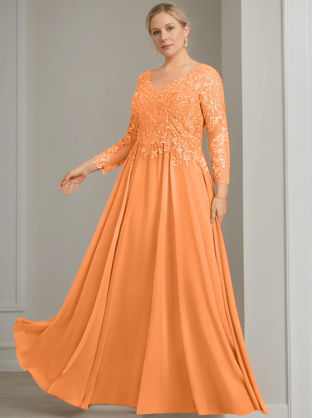 A Line Princess V Neck 3 4 Length Sleeves Floor Length Plus Size Mother Of The Bride Dresses With Sequins