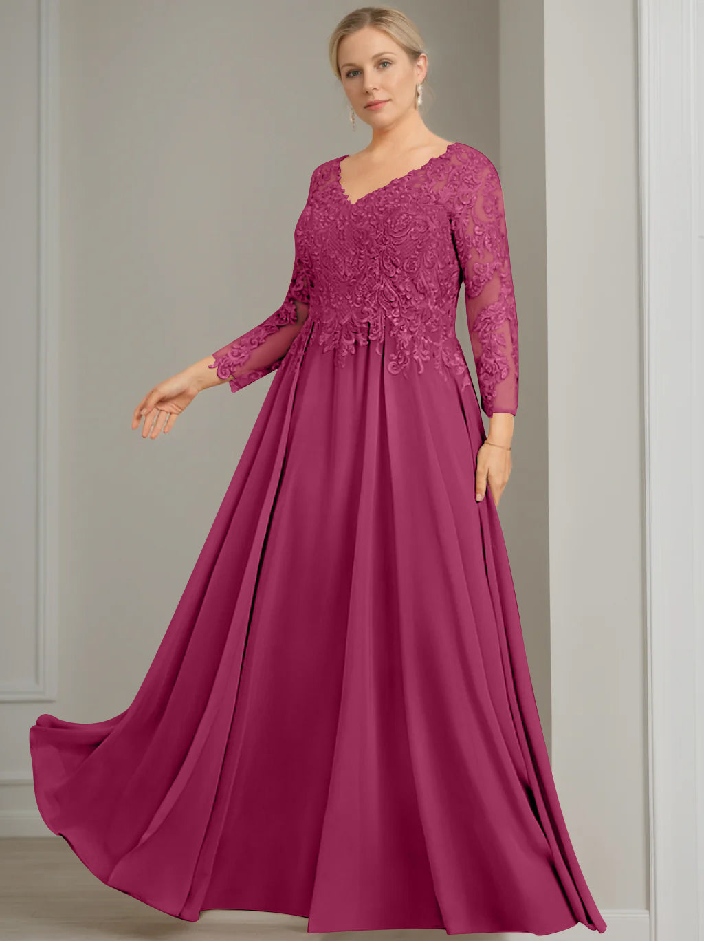 A Line Princess V Neck 3 4 Length Sleeves Floor Length Plus Size Mother Of The Bride Dresses With Sequins