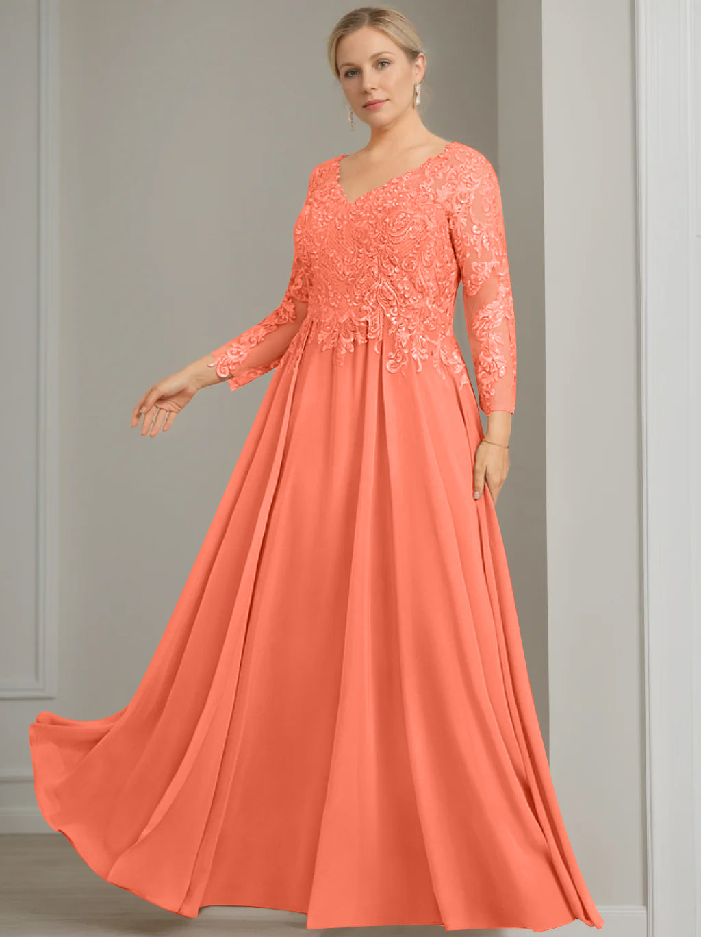 A Line Princess V Neck 3 4 Length Sleeves Floor Length Plus Size Mother Of The Bride Dresses With Sequins