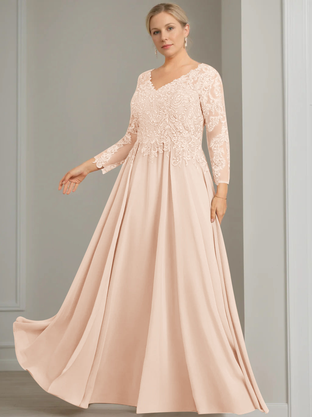 A Line Princess V Neck 3 4 Length Sleeves Floor Length Plus Size Mother Of The Bride Dresses With Sequins