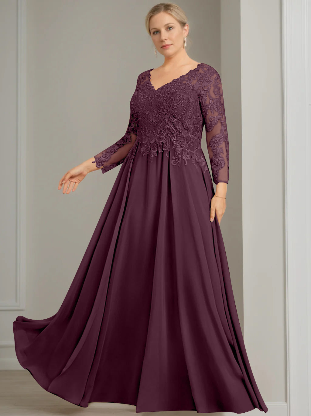 A Line Princess V Neck 3 4 Length Sleeves Floor Length Plus Size Mother Of The Bride Dresses With Sequins