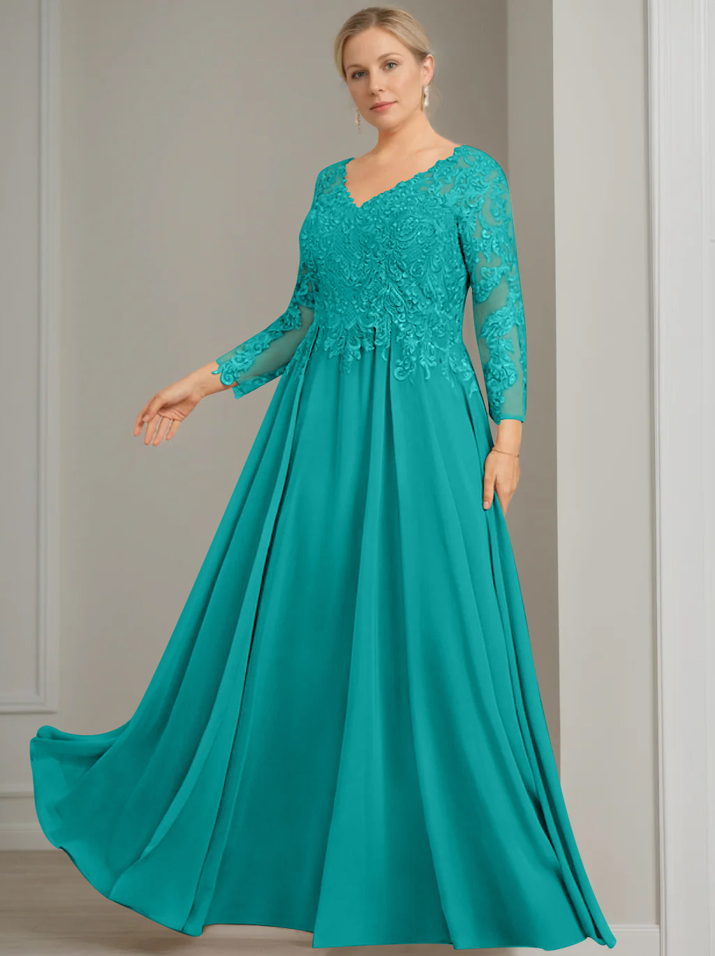 A Line Princess V Neck 3 4 Length Sleeves Floor Length Plus Size Mother Of The Bride Dresses With Sequins