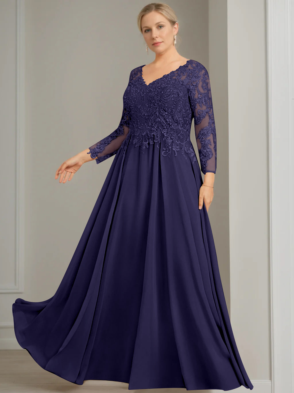 A Line Princess V Neck 3 4 Length Sleeves Floor Length Plus Size Mother Of The Bride Dresses With Sequins