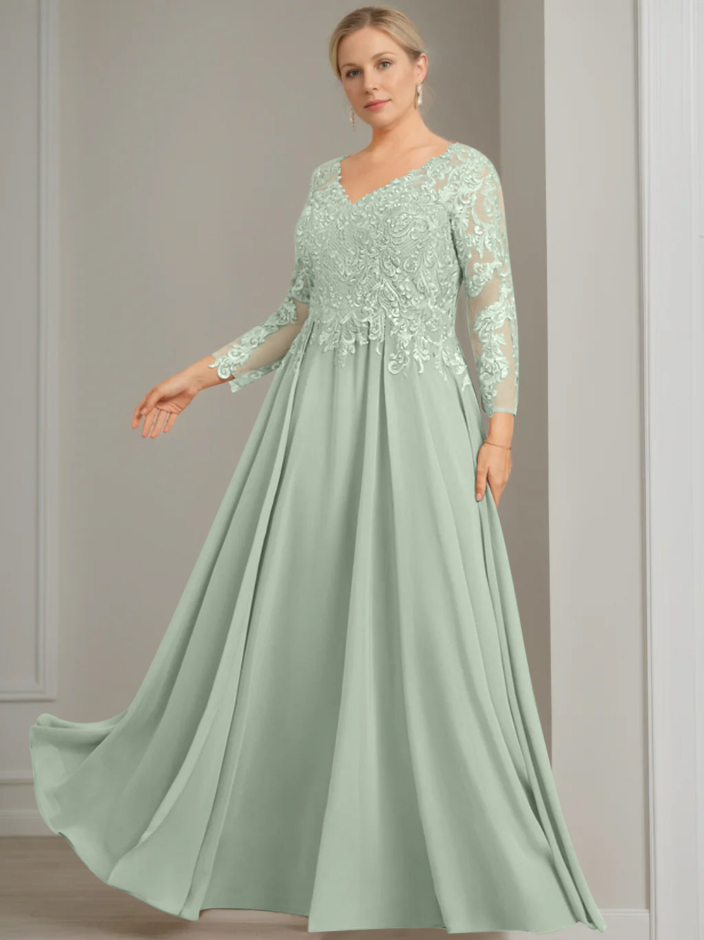 A Line Princess V Neck 3 4 Length Sleeves Floor Length Plus Size Mother Of The Bride Dresses With Sequins