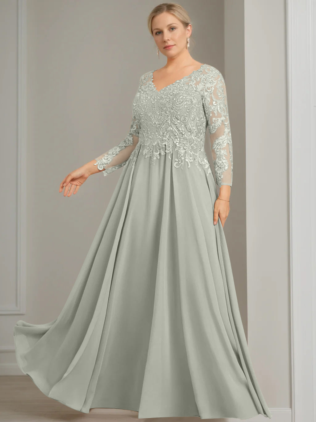 A Line Princess V Neck 3 4 Length Sleeves Floor Length Plus Size Mother Of The Bride Dresses With Sequins