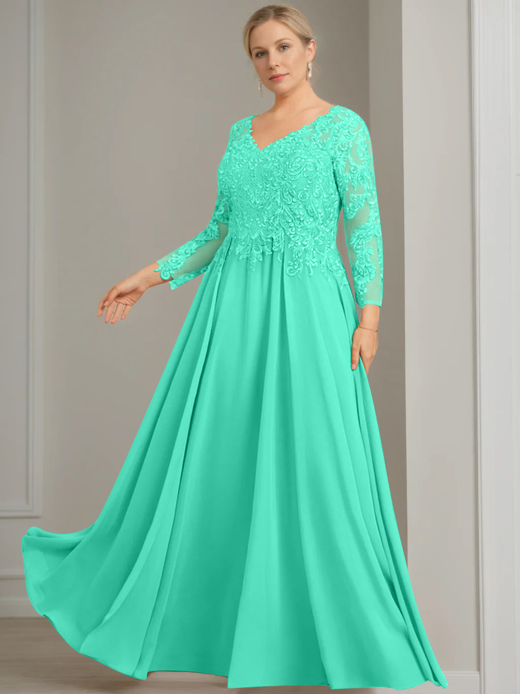 A Line Princess V Neck 3 4 Length Sleeves Floor Length Plus Size Mother Of The Bride Dresses With Sequins