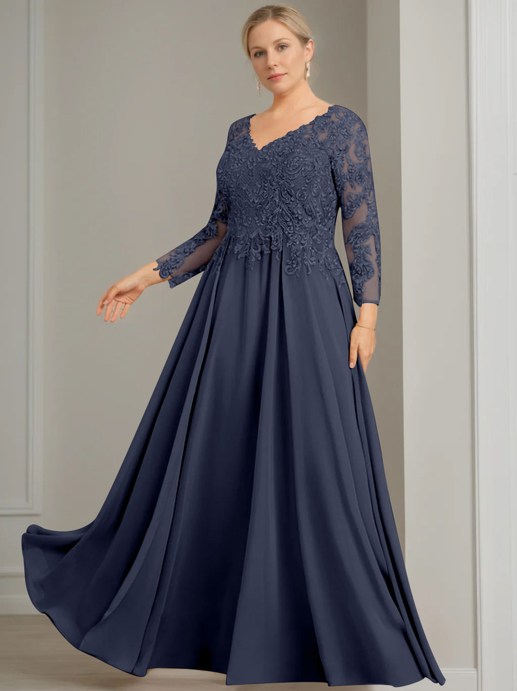 A Line Princess V Neck 3 4 Length Sleeves Floor Length Plus Size Mother Of The Bride Dresses With Sequins